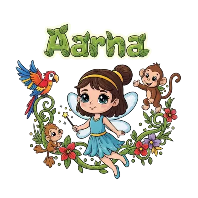 A whimsical illustration of a cute cartoon fairy princess with big, sparkling eyes and glittery wings, gently flying through a vibrant, lush jungle. She holds a tiny magic wand, surrounded by exotic flowers, twisting vines, and friendly, curious jungle animals like a colorful parrot and a playful monkey. The name 'Aarna' is written in a cheerful, bubbly font, appearing as if made of glowing jungle leaves above her.