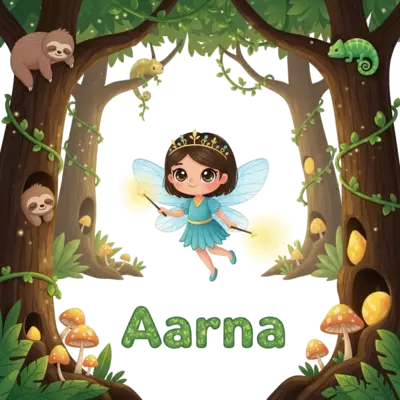 A charming cartoon fairy princess with big, sparkling eyes, her glittery wings fluttering amongst ancient, glowing jungle trees. She uses her tiny magic wand to illuminate hidden jungle treasures, like sparkling mushrooms and luminous vines. Gentle jungle animals, such as a sleepy sloth and a tiny chameleon, observe her from afar. The name 'Aarna' is written in a cheerful, bubbly font, subtly outlined with glowing jungle patterns.