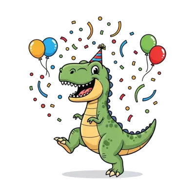 A cheerful cartoon T-Rex wearing a tiny party hat, joyfully stomping amidst a shower of colorful confetti and balloons, with a big, welcoming smile. Vibrant and playful illustration style.