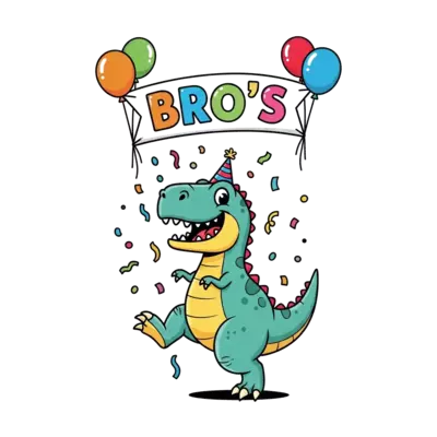 A cheerful cartoon T-Rex wearing a tiny party hat, joyfully stomping amidst a shower of colorful confetti and balloons, with a big, welcoming smile. The name 'Bro's' is playfully written in vibrant, bold letters across a floating banner held by two balloons. Vibrant and playful illustration style.
