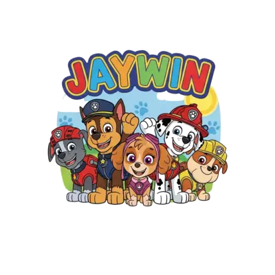 A cheerful cartoon illustration of the Paw Patrol pups (Chase, Marshall, Skye, Rubble) smiling and waving, with a vibrant, playful banner above them that says 'JAYWIN' in a friendly, bubbly font. The background is a bright, sunny landscape with subtle paw print details.