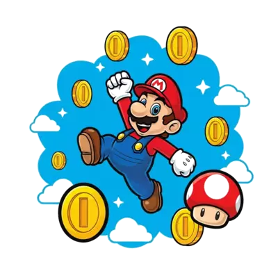 A cheerful, cartoon-style Mario character jumping playfully, surrounded by bright gold coins and a classic red mushroom, set against a vibrant blue sky background.