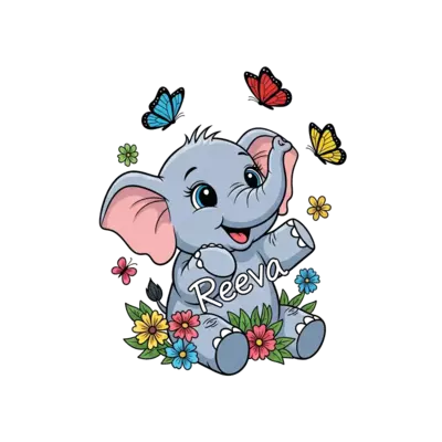 A super cute cartoon baby elephant with big, expressive eyes, joyfully playing with colorful butterflies and flowers, in a playful and vibrant style. Text 'Reeva' subtly integrated into the design.