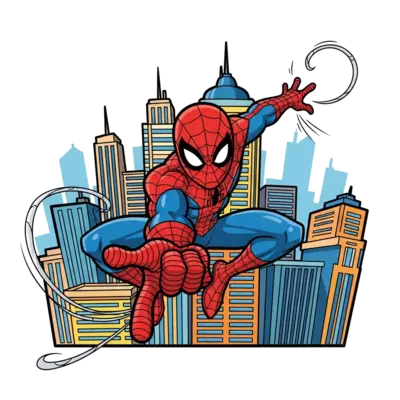 A bold and dynamic illustration of Spiderman in a powerful action pose, swinging through a vibrant city skyline, shooting webs with energy, comic book style, highly detailed and colorful