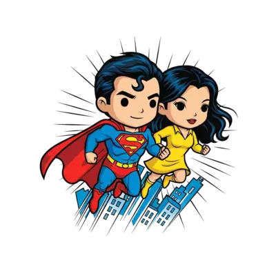 A vibrant classic comic book illustration of a chibi Superman and a chibi Lois Lane, flying together above a cityscape, in a dynamic pose with bold outlines and bright primary colors, action lines in the background.