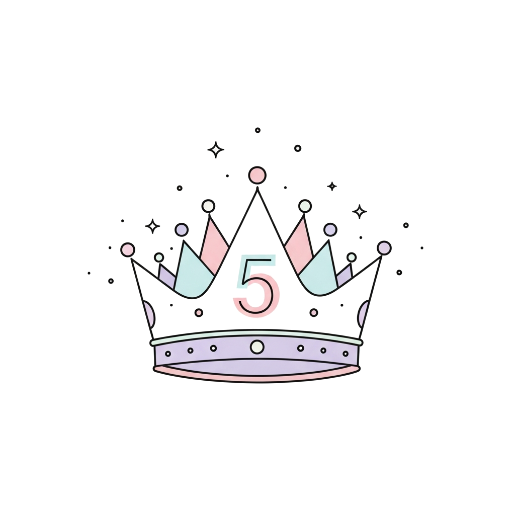 Custom design: A minimalist line art illustration of a princess crown with a subtle number '5' integrated, surrounded by a few delic...