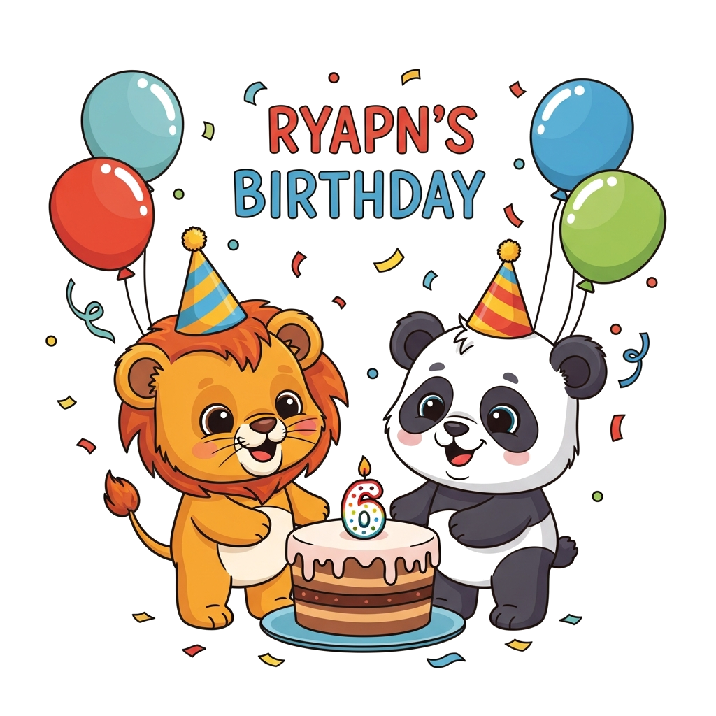 Custom design: A super cute cartoon baby lion and a playful panda cub celebrating Ryan's 6th birthday, surrounded by colorful balloo...