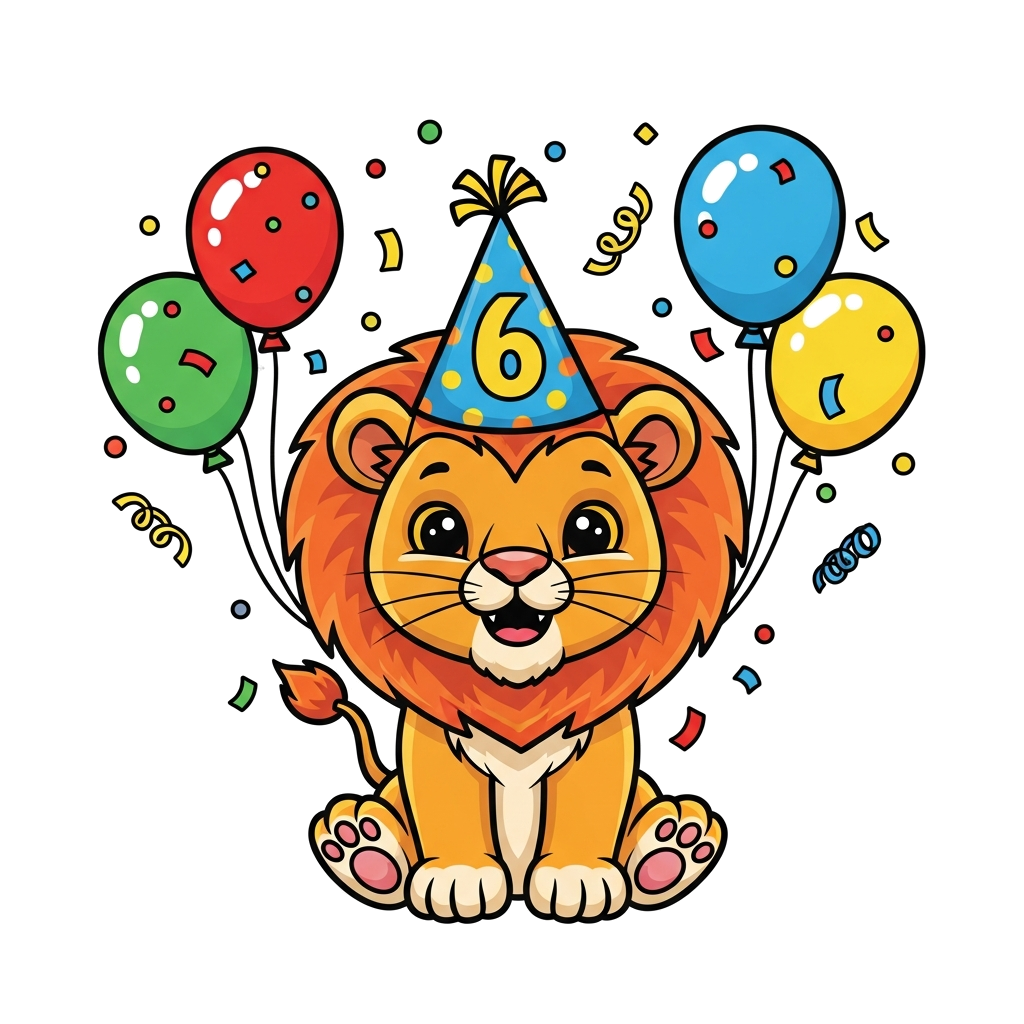 Custom design: A cute cartoon lion cub wearing a birthday party hat with the number 6, surrounded by colorful balloons and confetti,...