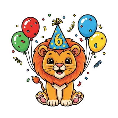 Design: A cute cartoon lion cub wearing a birthday party hat with the number 6, surro...