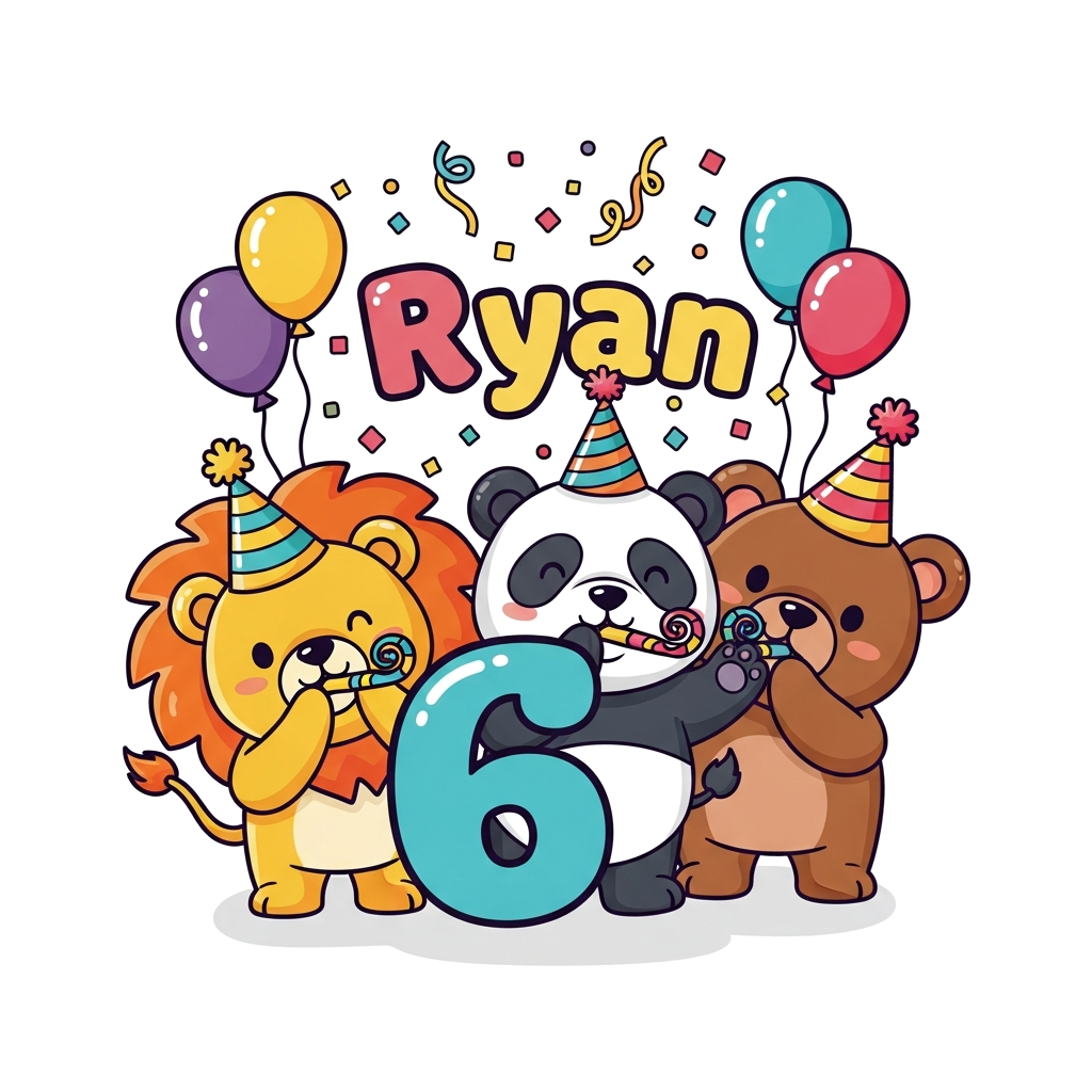 Custom design: A cute cartoon lion, a friendly panda, and a cuddly bear all wearing party hats and blowing party horns, gathered aro...