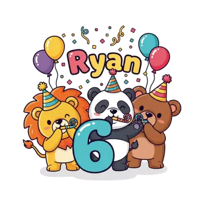 Design: A cute cartoon lion, a friendly panda, and a cuddly bear all wearing party ha...