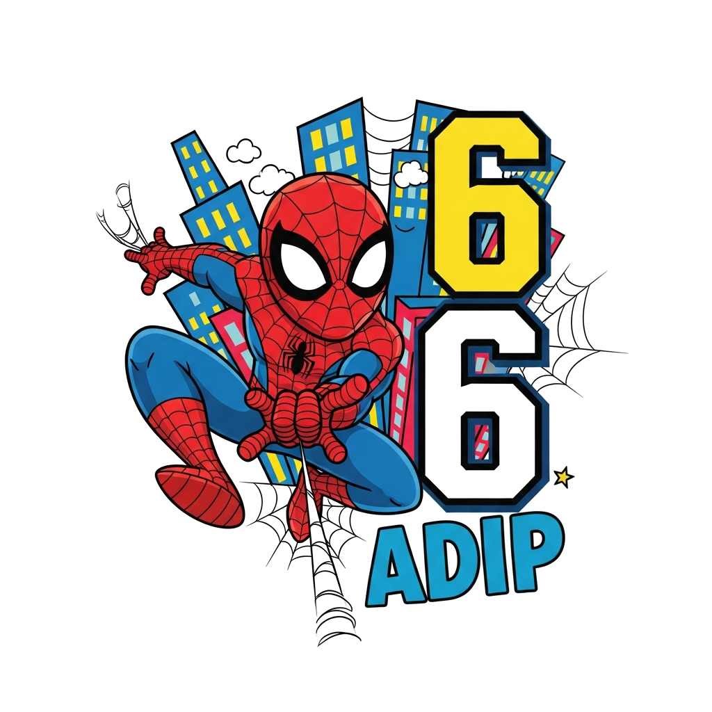 Custom design: A cheerful, cartoon-style Spiderman swinging through a city with a giant number '6' in the background, vibrant colors...