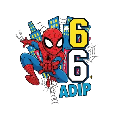 Design: A cheerful, cartoon-style Spiderman swinging through a city with a giant numb...