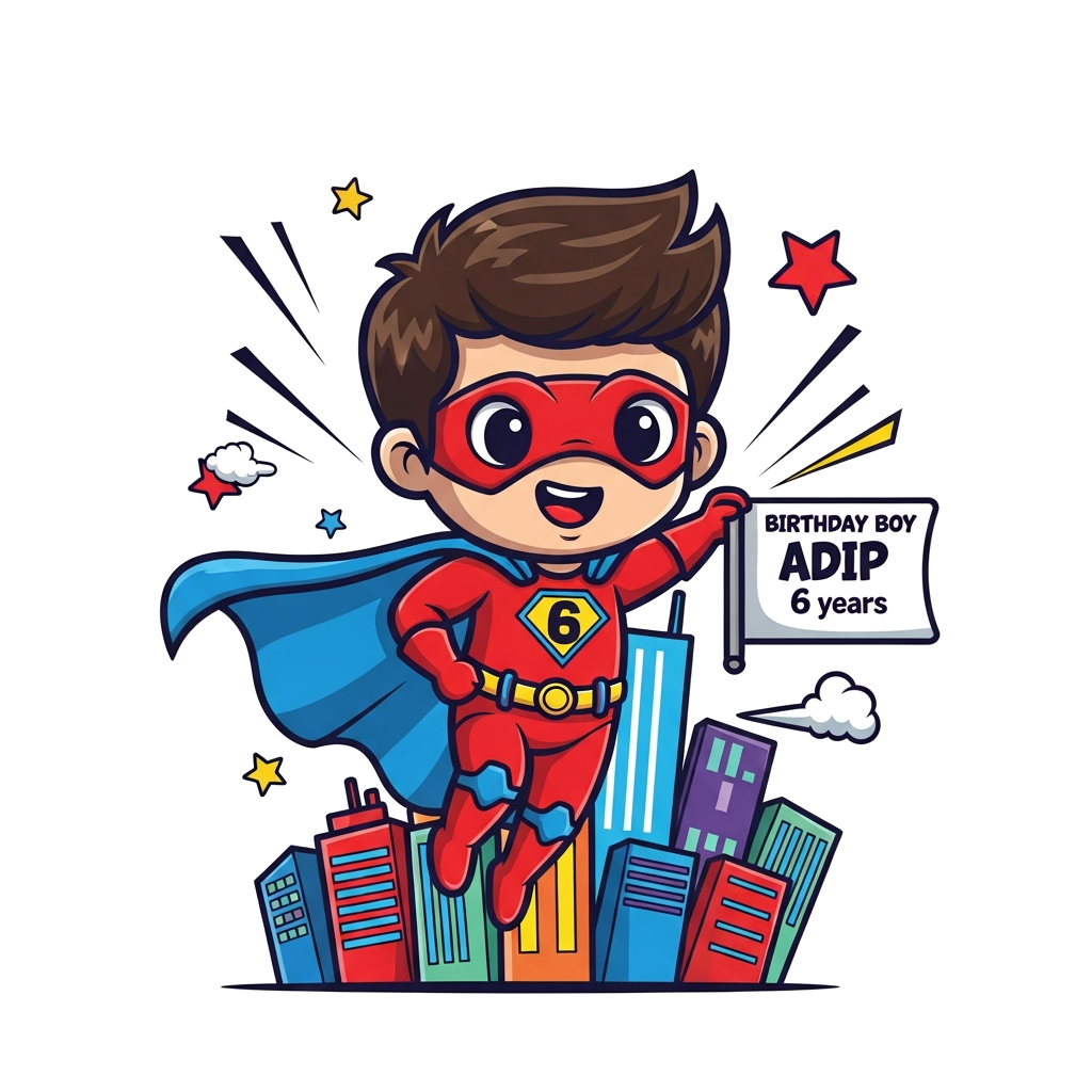 Custom design: A cute, chibi-style cartoon superhero resembling a 6-year-old boy named Adip, wearing a vibrant red and blue costume ...