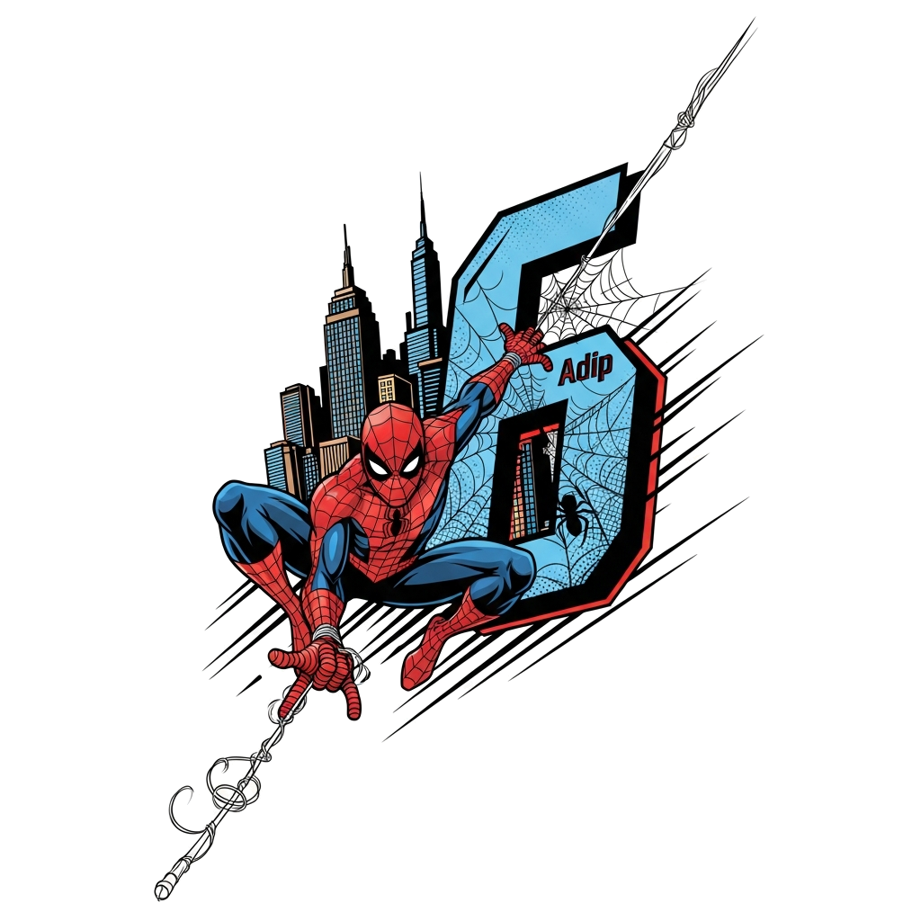 Custom design: A dynamic cartoon illustration of Spiderman swinging through a city skyline with buildings in the background, a large...