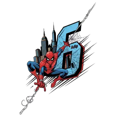 Design: A dynamic cartoon illustration of Spiderman swinging through a city skyline w...