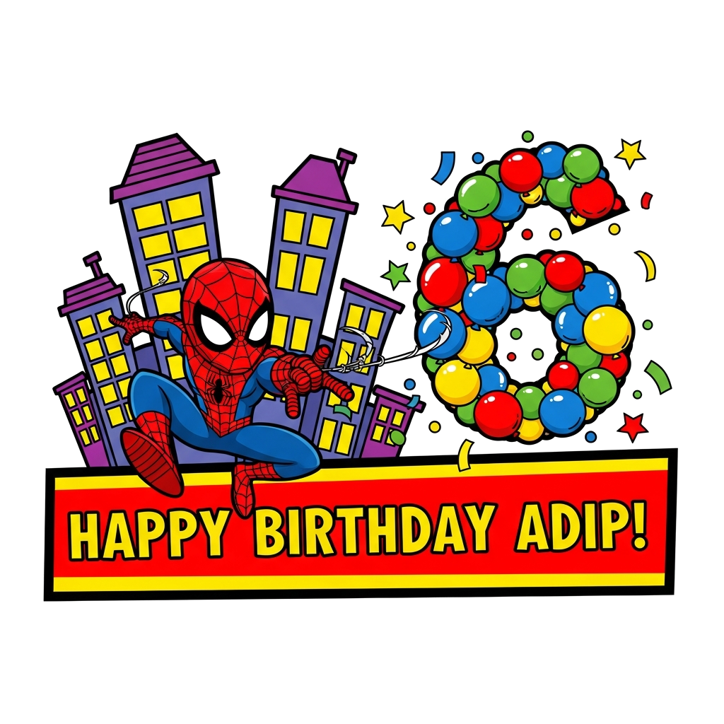 Custom design: A dynamic cartoon Spiderman swinging through a city skyline, with a large '6' made of balloons and confetti floating ...
