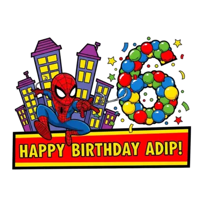 Design: A dynamic cartoon Spiderman swinging through a city skyline, with a large '6'...