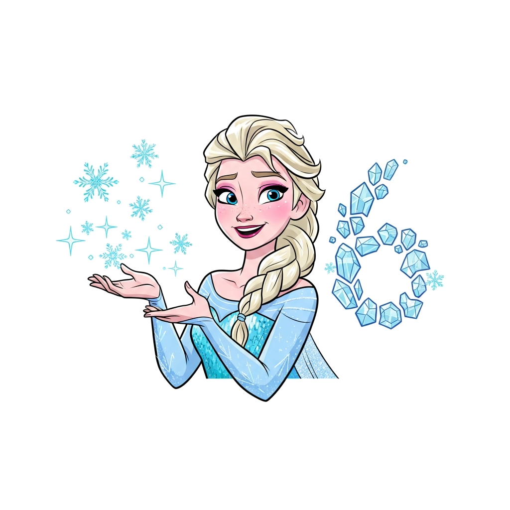 Custom design: A whimsical illustration of a smiling Elsa from Frozen, casting ice magic with sparkling snowflakes, surrounded by a ...