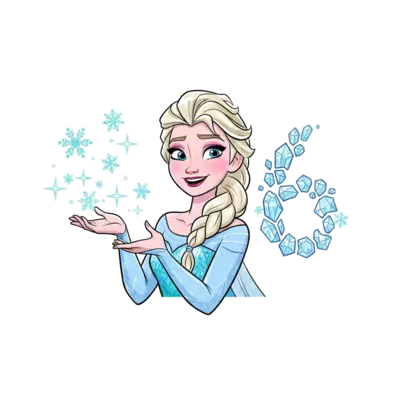 Design: A whimsical illustration of a smiling Elsa from Frozen, casting ice magic wit...