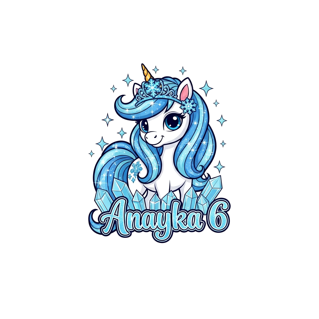 Custom design: A cute and sparkly cartoon unicorn character with a flowing icy-blue mane and tail, adorned with a snowflake tiara, s...