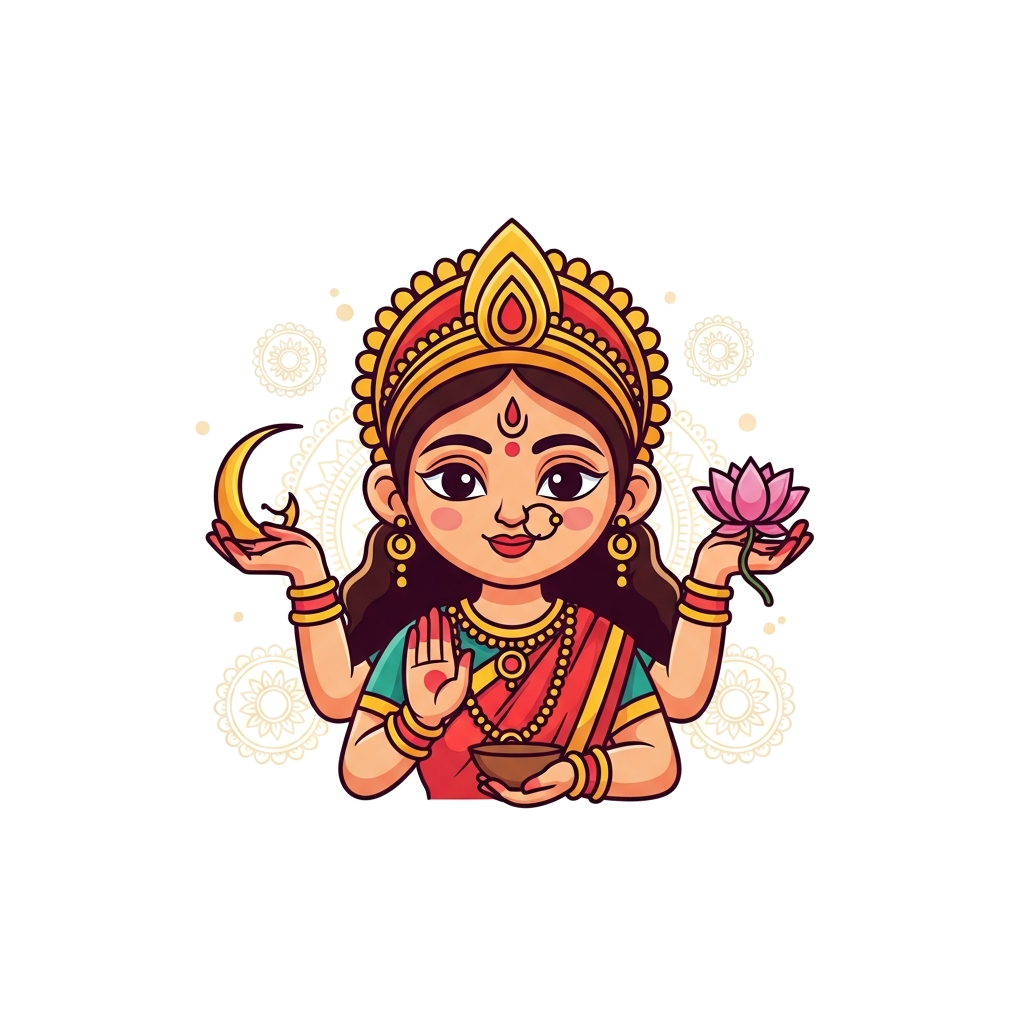 Custom design: A charming, simplified cartoon illustration of Goddess Durga, with a gentle smile and two arms, holding a lotus flowe...