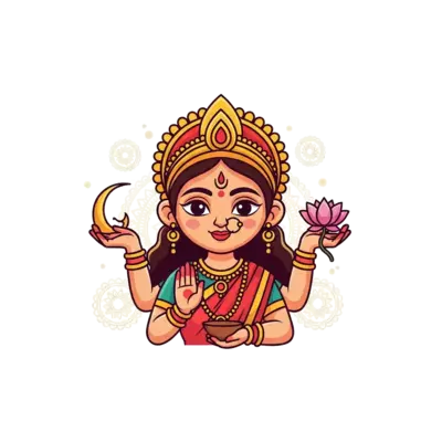 Design: A charming, simplified cartoon illustration of Goddess Durga, with a gentle s...