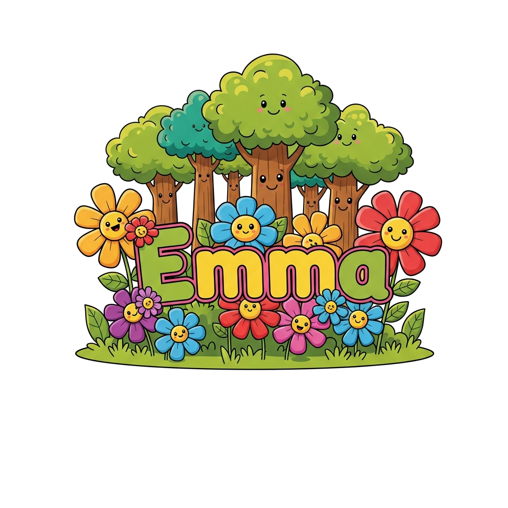 Custom design: A vibrant cartoon illustration of a whimsical forest with smiling trees and large, colorful flowers, with the name 'E...