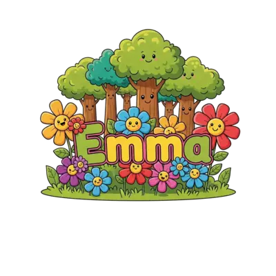 Design: A vibrant cartoon illustration of a whimsical forest with smiling trees and l...