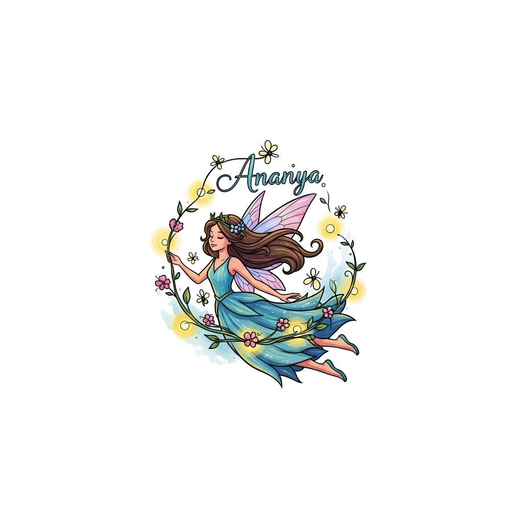 Custom design: A whimsical illustration of a graceful fairy princess with flowing hair, surrounded by sparkling fireflies and magica...