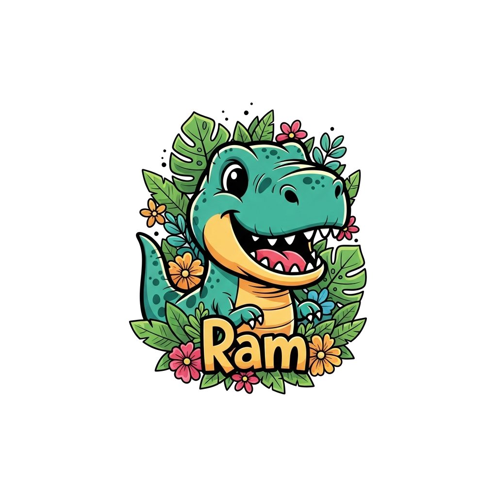 Custom design: A super cute and friendly cartoon T-Rex, smiling broadly, surrounded by bright green jungle leaves and colorful flowe...