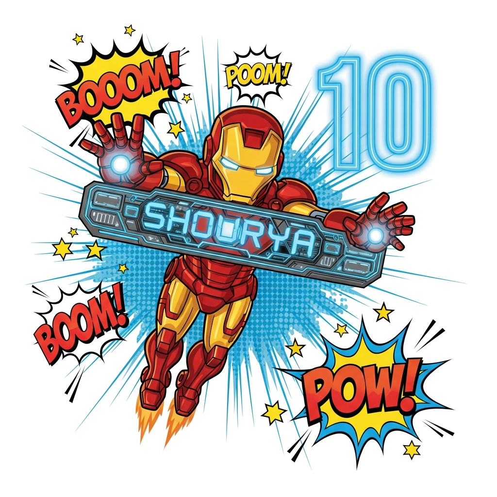 Custom design: A dynamic illustration of a cartoon Iron Man flying with repulsor blasts, surrounded by comic book style 'BOOM!' and ...