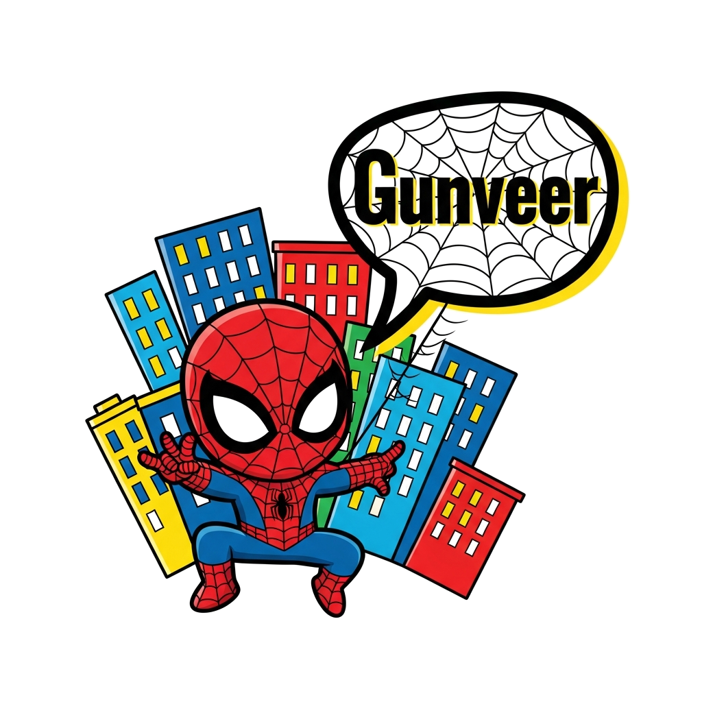 Custom design: A cute chibi Spiderman swinging through a cartoon city, with the name 'Gunveer' subtly integrated into a playful spee...