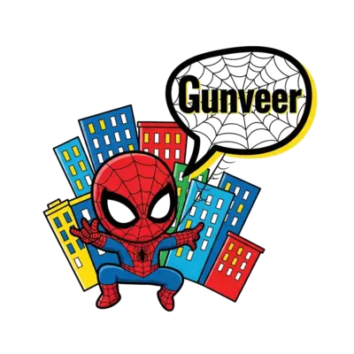 Design: A cute chibi Spiderman swinging through a cartoon city, with the name 'Gunvee...