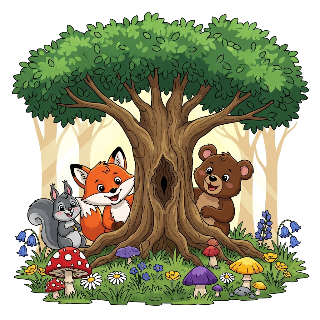 Custom design: A cheerful cartoon fox, a friendly bear cub, and a curious squirrel playing hide-and-seek behind a large, ancient tre...