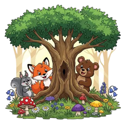 Design: A cheerful cartoon fox, a friendly bear cub, and a curious squirrel playing h...