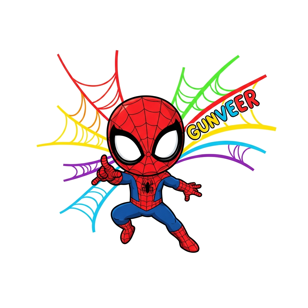 Custom design: A super cute, chibi Spider-Man character with big friendly eyes, striking a playful pose, surrounded by bright, color...