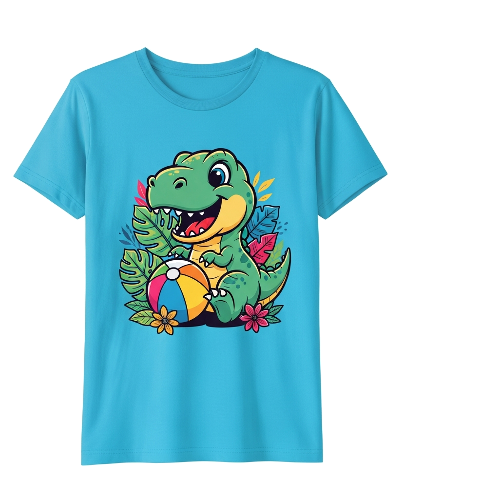 Custom design: A super cute baby T-Rex cartoon character smiling, playing with a colorful beach ball, surrounded by stylized jungle ...