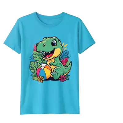 Design: A super cute baby T-Rex cartoon character smiling, playing with a colorful be...