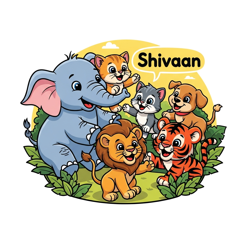 Custom design: A cheerful cartoon illustration of baby animals: a playful baby elephant, a curious kitten, a happy puppy, a tiny lio...
