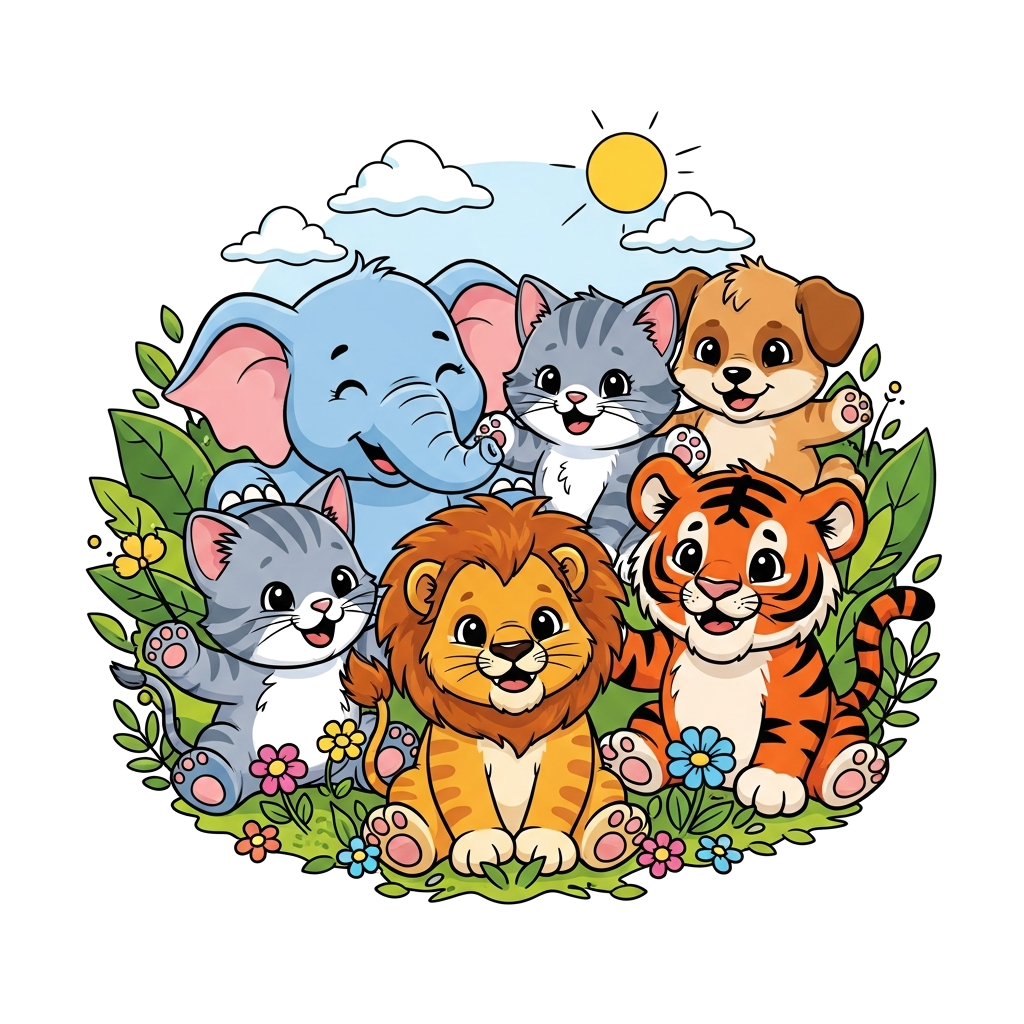 Custom design: A group of adorable, chubby cartoon baby animals: a smiling elephant, a playful cat, a happy dog, a mischievous lion ...