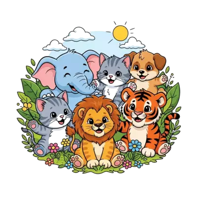 Design: A group of adorable, chubby cartoon baby animals: a smiling elephant, a playf...