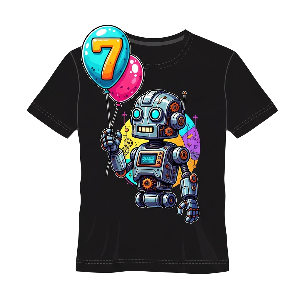 Custom design: A highly detailed, friendly robot with visible gears and circuits, holding a vibrant birthday balloon shaped like the...