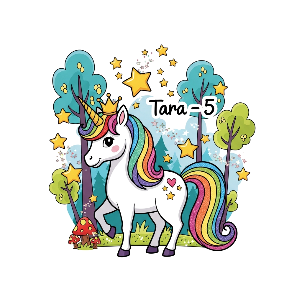 Custom design: A majestic unicorn with a shimmering mane and tail, adorned with a tiny crown, surrounded by sparkling stars and magi...