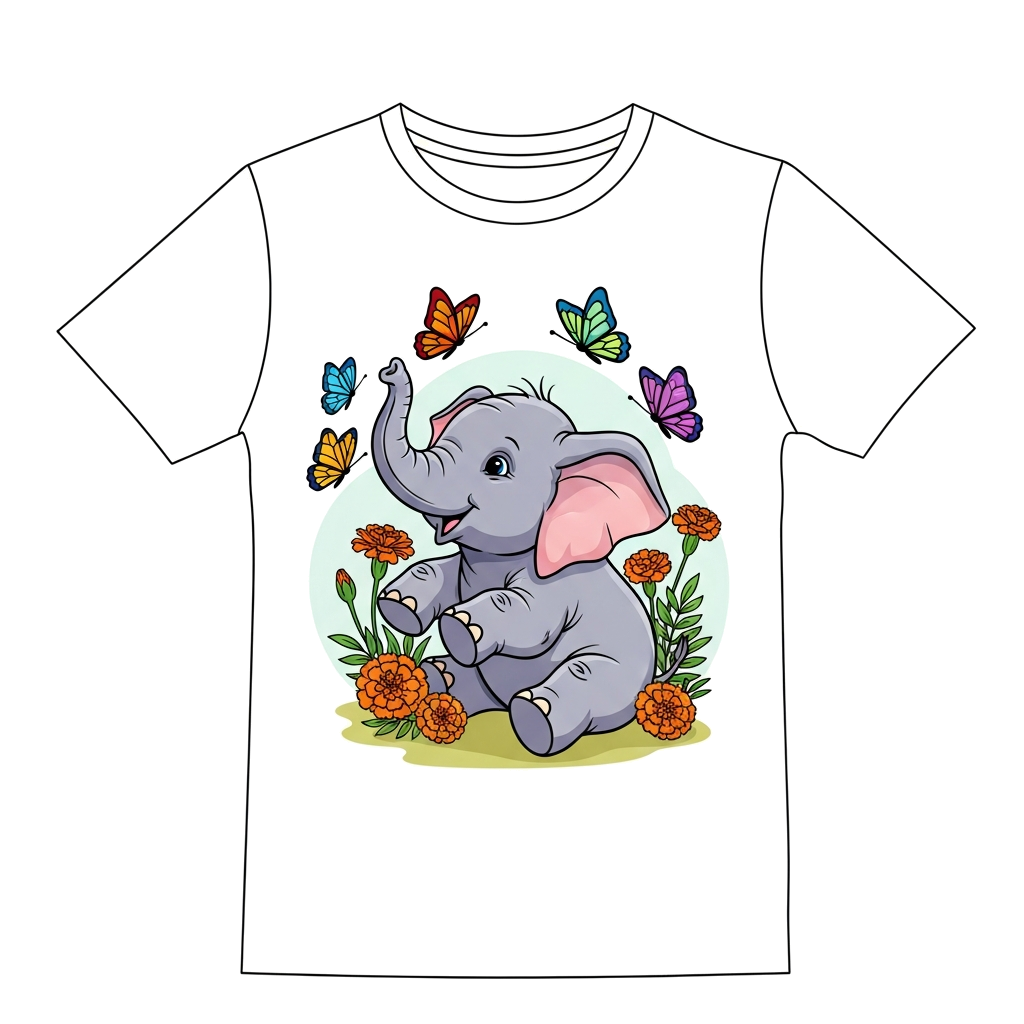 Custom design: A charming illustration of a baby elephant playing with colorful butterflies and marigold flowers, set against a soft...
