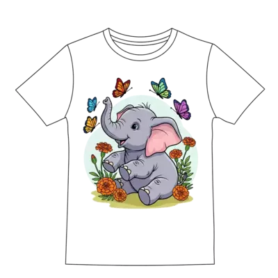 Design: A charming illustration of a baby elephant playing with colorful butterflies ...