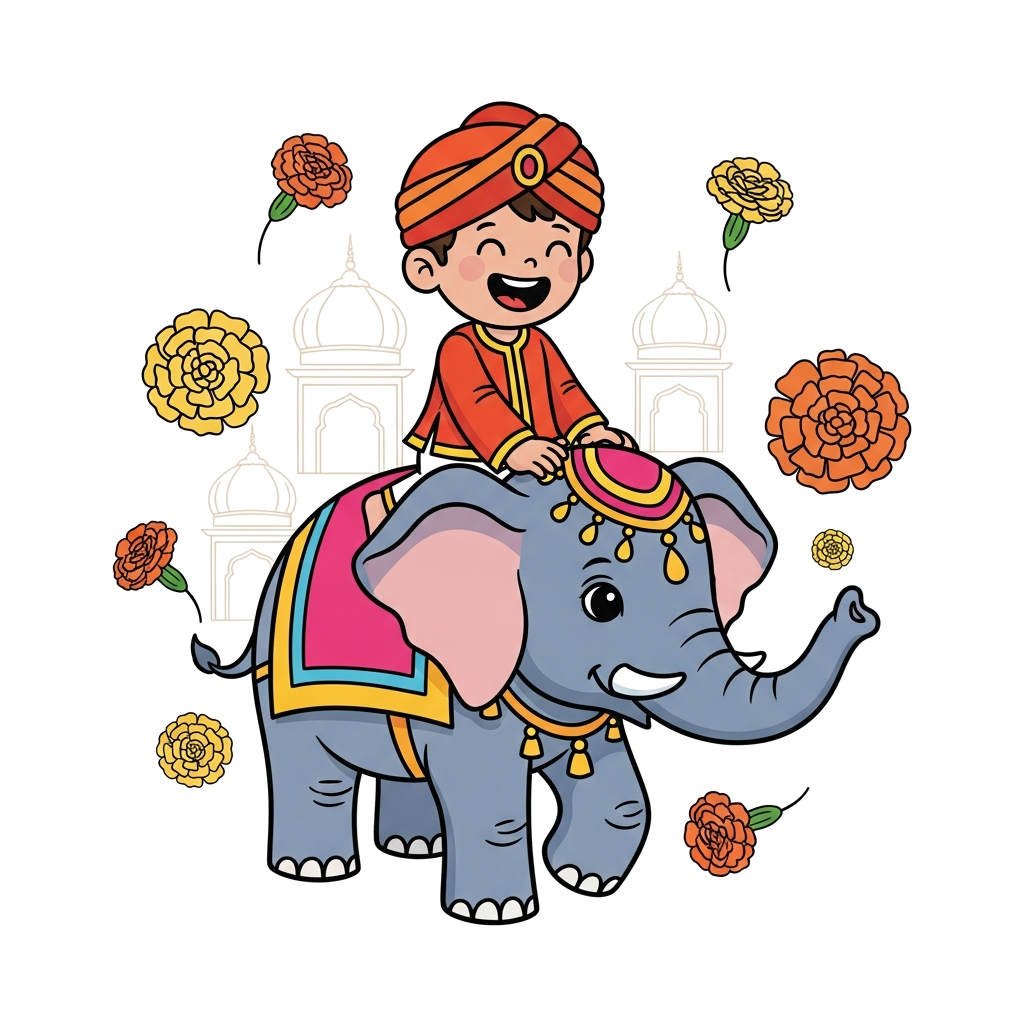 Custom design: A charming cartoon illustration of a happy child riding on the back of a beautifully adorned, friendly baby elephant,...