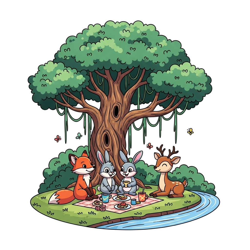 Custom design: An adorable cartoon illustration of a group of friendly forest animals (like a fox, a rabbit, and a deer) having a pi...