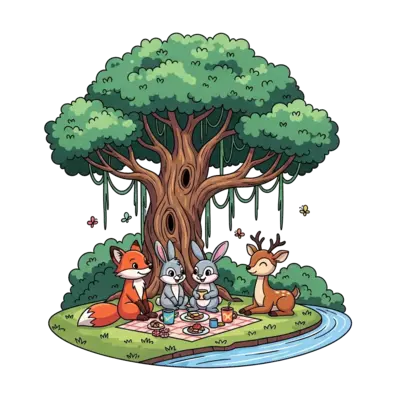 Design: An adorable cartoon illustration of a group of friendly forest animals (like ...