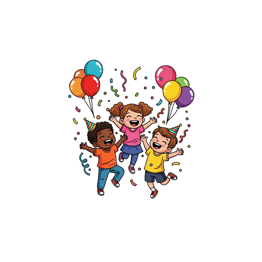 Custom design: A joyful scene with colorful balloons, floating confetti, and whimsical party streamers, featuring three happy cartoo...